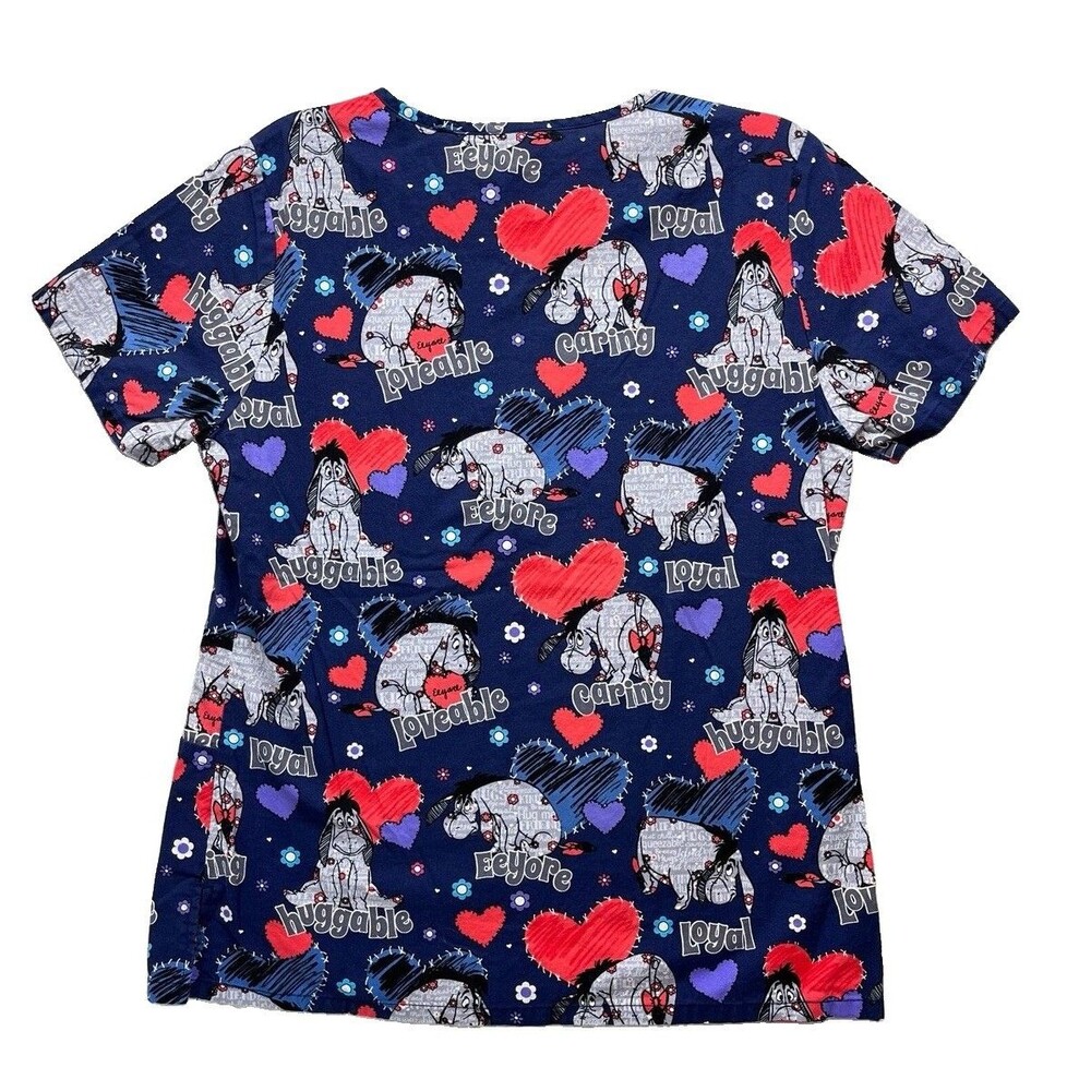 Disney Eeyore Piglet Scrub Top Size XS Cotton Pockets Friends Hearts Healthcare